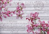 Fotobehang - Vlies Behang - Roze Bloemen op Houten Planken Vintage - 312 x 219 cm