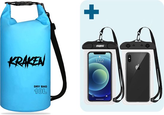 KRAKEN Drybag 10L Blauw | incl GRATIS Mobielhoesje | Premium Waterdichte Tas | Lichtgewicht Drybag | Duurzaam PVC Materiaal | Verstelbaar | Gemakkelijk Op te Bergen | Dry bag voor het Ultieme Supboard en Kayak Avontuur!