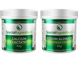 Calcium Lactaat (Lactate) & Sodium Alginaat (Natrium alginate) - 2 x 50 gram - Sferificatie - Reverse Spherification - Moleculair Koken - Moderne Gastronomie - Kaviaar parels - Hersluitbare Potten - Recycled Plastic