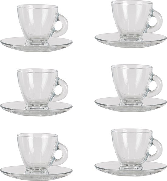 HAES DECO - Kop en Schotel set van 6 - inhoud 85 ml - kleur Transparant - Glas - Theeservies, Koffieservies, Theekoppen, Koffiekoppen, Cappuccino