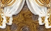 Fotobehang - Vlies Behang - Gouden Gordijnen op Gouden Rozen Achtergrond - 254 x 184 cm