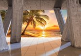 Fotobehang - Vlies Behang - Palmbomen, Strand en Zee met Zonsondergang Terraszicht 3D - 416 x 254 cm
