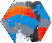 Dibond Hexagon - Oranje, Rode Blauwe en Grijze Verfvlekken op Witte Achtergrond - 80x69.6 cm Foto op Hexagon (Met Ophangsysteem)