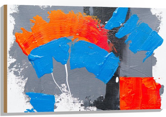 Hout - Oranje, Rode Blauwe en Grijze Verfvlekken op Witte Achtergrond - 90x60 cm - 9 mm dik - Foto op Hout (Met Ophangsysteem)