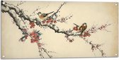 Tuinposter – Tekening van Vogeltjes op Smalle Tak met Rode Bloemen - 100x50 cm Foto op Tuinposter (wanddecoratie voor buiten en binnen)