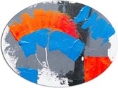 Dibond Ovaal - Oranje, Rode Blauwe en Grijze Verfvlekken op Witte Achtergrond - 96x72 cm Foto op Ovaal (Met Ophangsysteem)