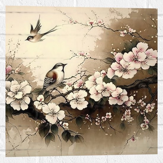 Muursticker - Tekening van Vogels Vliegend bij Tak met Bloemen - 50x50 cm Foto op Muursticker