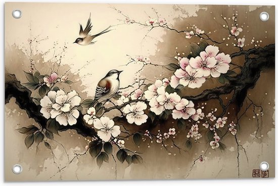 Tuinposter – Tekening van Vogels Vliegend bij Tak met Bloemen - 60x40 cm Foto op Tuinposter (wanddecoratie voor buiten en binnen)