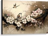 Canvas - Tekening van Vogels Vliegend bij Tak met Bloemen - 100x75 cm Foto op Canvas Schilderij (Wanddecoratie op Canvas)