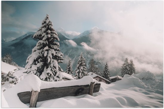 Poster (Mat) - Sneeuw - Boom - Hout - Bankje - Huizen - Bergen - Wolken - 105x70 cm Foto op Posterpapier met een Matte look