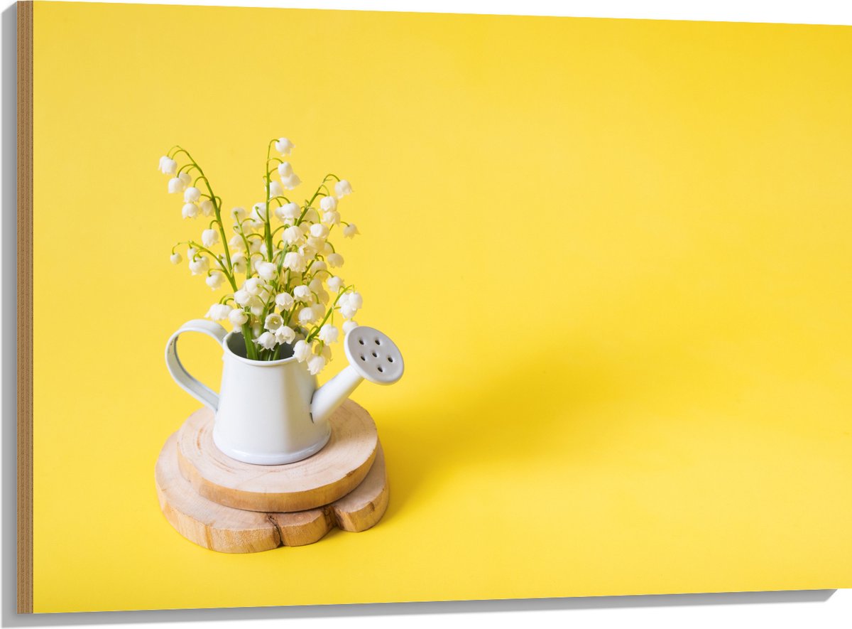 Hout - Boeket in Gieter met Gele Achtergrond - 100x75 cm - 9 mm dik - Foto op Hout (Met Op