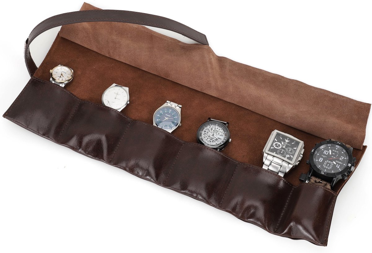 Timezone - Leren Watch roll voor 6 Horloges - Horloge Reisetui - Horloge Rol