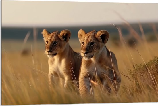 Dibond - Twee Leeuwenwelpjes in het Afrikaanse Landschap - 90x60 cm Foto op Aluminium (Wanddecoratie van metaal)