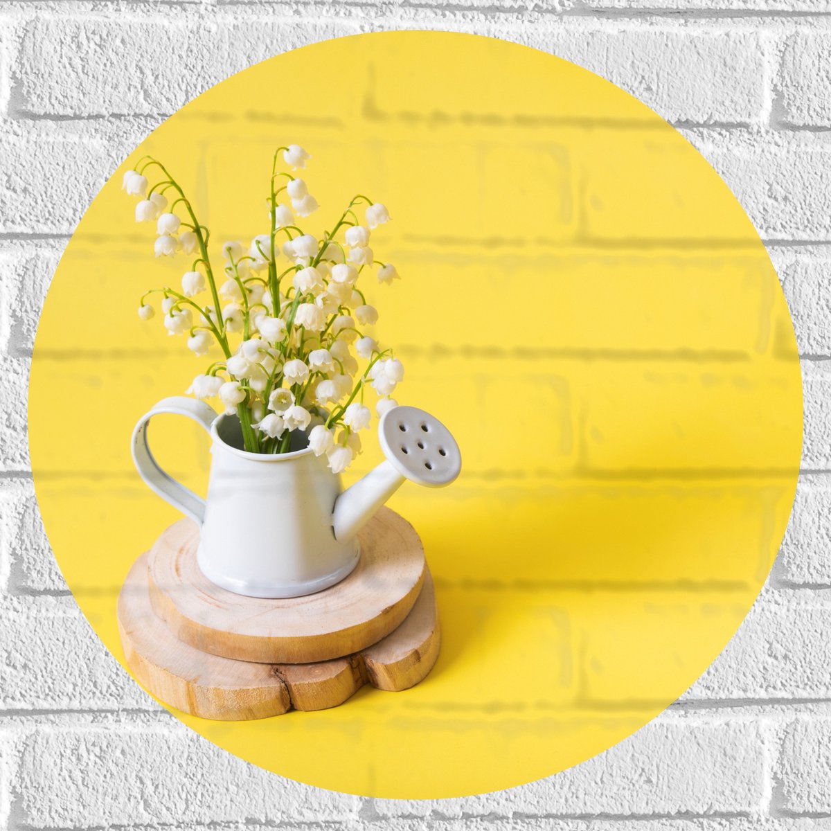 Muursticker Cirkel - Boeket in Gieter met Gele Achtergrond - 50x50 cm Foto op Muursticker
