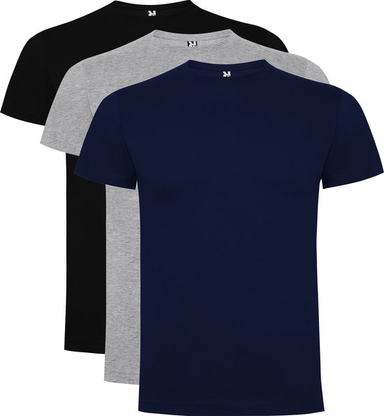 3 Pack Roly Dogo Premium Heren T-Shirt 100% katoen Ronde hals Zwart, Lichtgrijs gemeleerd, Donker Blauw Maat S