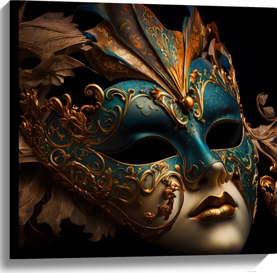 Canvas - Venetiaanse carnavals Masker met Blauwe en Gouden Details tegen Zwarte Achtergrond - 60x60 cm Foto op Canvas Schilderij (Wanddecoratie op Canvas)