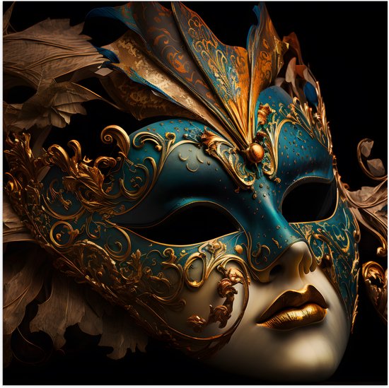 Poster (Mat) - Venetiaanse carnavals Masker met Blauwe en Gouden Details tegen Zwarte Achtergrond - 100x100 cm Foto op Posterpapier met een Matte look