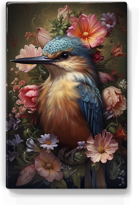 IJsvogel met kleurige bloemen - Laqueprint - 19,5 x 30 cm - Niet van echt te onderscheiden handgelakt schilderijtje op hout - Mooier dan een print op canvas. - LP310