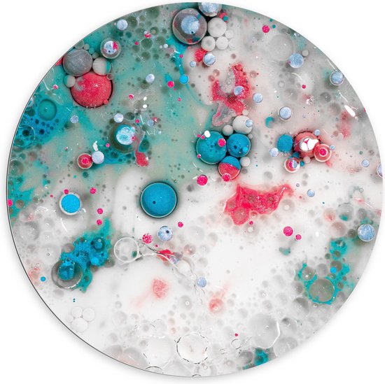 Dibond Muurcirkel - Blauwe en Roze Vlekken tegen Witte Achtergrond - 100x100 cm Foto op Aluminium Muurcirkel (met ophangsysteem)