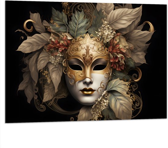 Dibond - Venetiaanse carnavals Masker met Gouden en Beige Details tegen Zwarte Achtergrond - 100x75 cm Foto op Aluminium (Met Ophangsysteem)