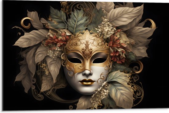 Dibond - Venetiaanse carnavals Masker met Gouden en Beige Details tegen Zwarte Achtergrond - 75x50 cm Foto op Aluminium (Met Ophangsysteem)