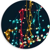 Dibond Muurcirkel - Rode, Gele en Blauwe Lichtstralen - 80x80 cm Foto op Aluminium Muurcirkel (met ophangsysteem)