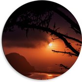 Dibond Muurcirkel - Berg - Water - Zonsomdergang - Bomen - Kleuren - 50x50 cm Foto op Aluminium Muurcirkel (met ophangsysteem)
