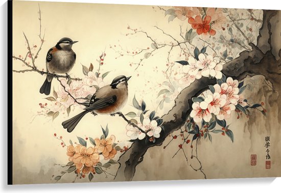 Canvas - Tekening van Tak met Vogels en Bloemen - 120x80 cm Foto op Canvas Schilderij (Wanddecoratie op Canvas)