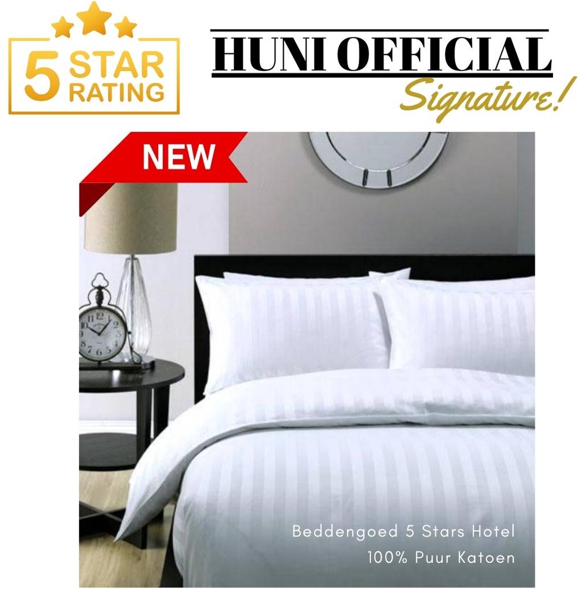 Huniofficial Luxe - Dekbedovertrek - 200x200 - Uni - Satijn Streep - Hotel Premium Satin Stripe - Wit