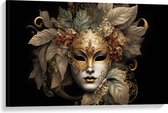 Canvas - Venetiaanse carnavals Masker met Gouden en Beige Details tegen Zwarte Achtergrond - 90x60 cm Foto op Canvas Schilderij (Wanddecoratie op Canvas)