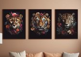 Posterset met Tijger, Cheeta en Jaguar - Prachtige katachtigen omringd met kleurrijke bloemen - 50x70cm met kunststof zwarte wissellijst