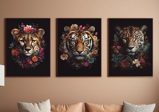 Posterset met Tijger, Cheeta en Jaguar - Prachtige katachtigen omringd met kleurrijke bloemen - 50x70cm met kunststof zwarte wissellijst