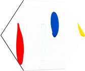 Dibond Hexagon - Rode, Blauwe en Gele Vlek op Witte Achtergrond - 60x52.2 cm Foto op Hexagon (Met Ophangsysteem)