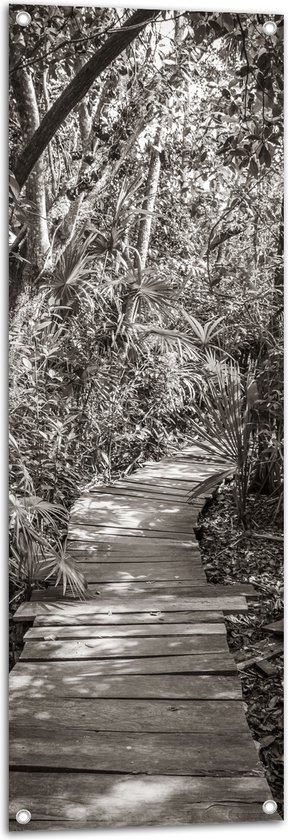 Tuinposter – Vlonder door het Bos (Zwart-wit) - 40x120 cm Foto op Tuinposter (wanddecoratie voor buiten en binnen)