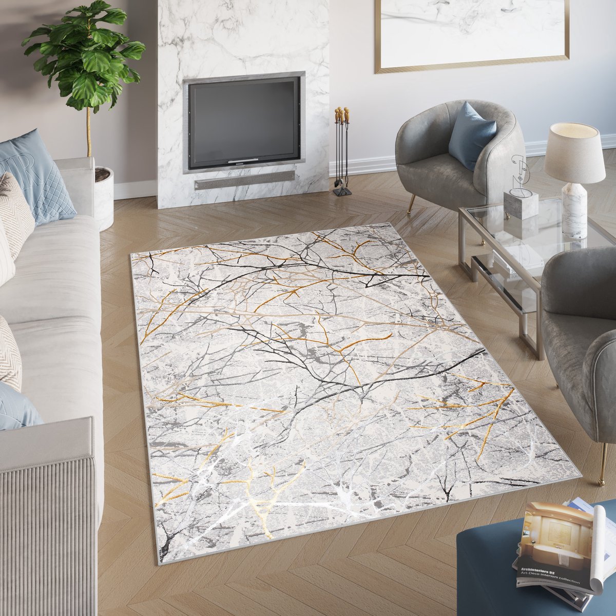 Tapiso Golden Vloerkleed Abstract Grijs Zilver Modern Tapijt Maat- 140x200 Grijs 2