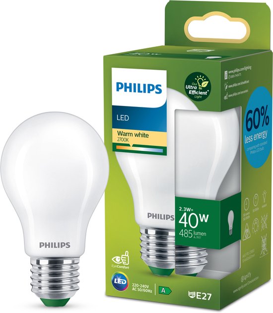 Philips Ultra-Efficient LED lamp Transparant - 40W - E27 - Warmwit licht 2700K - Energielabel A - 3-pack Philips Ultra-Efficient LED lamp Transparant - 40W - E27 - Warmwit licht 2700K - Energielabel A - 3-pack