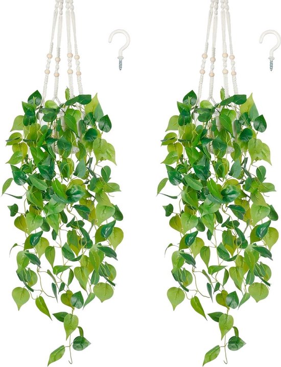 Kunstmatige hangplanten, set van 2 nephangende planten met pot, groen faux nep klimop decor, nepplanten voor huisdecoratie binnen buiten muurkamer