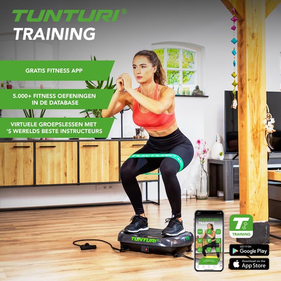 Vrouw traint met Tunturi trilplaat, oranje sporttop, zwarte legging en fitness app.