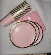 Set de fête 56 pièces rose avec bord doré avec 18 assiettes, 18 tasses et 20 serviettes pour une fête sans vaisselle