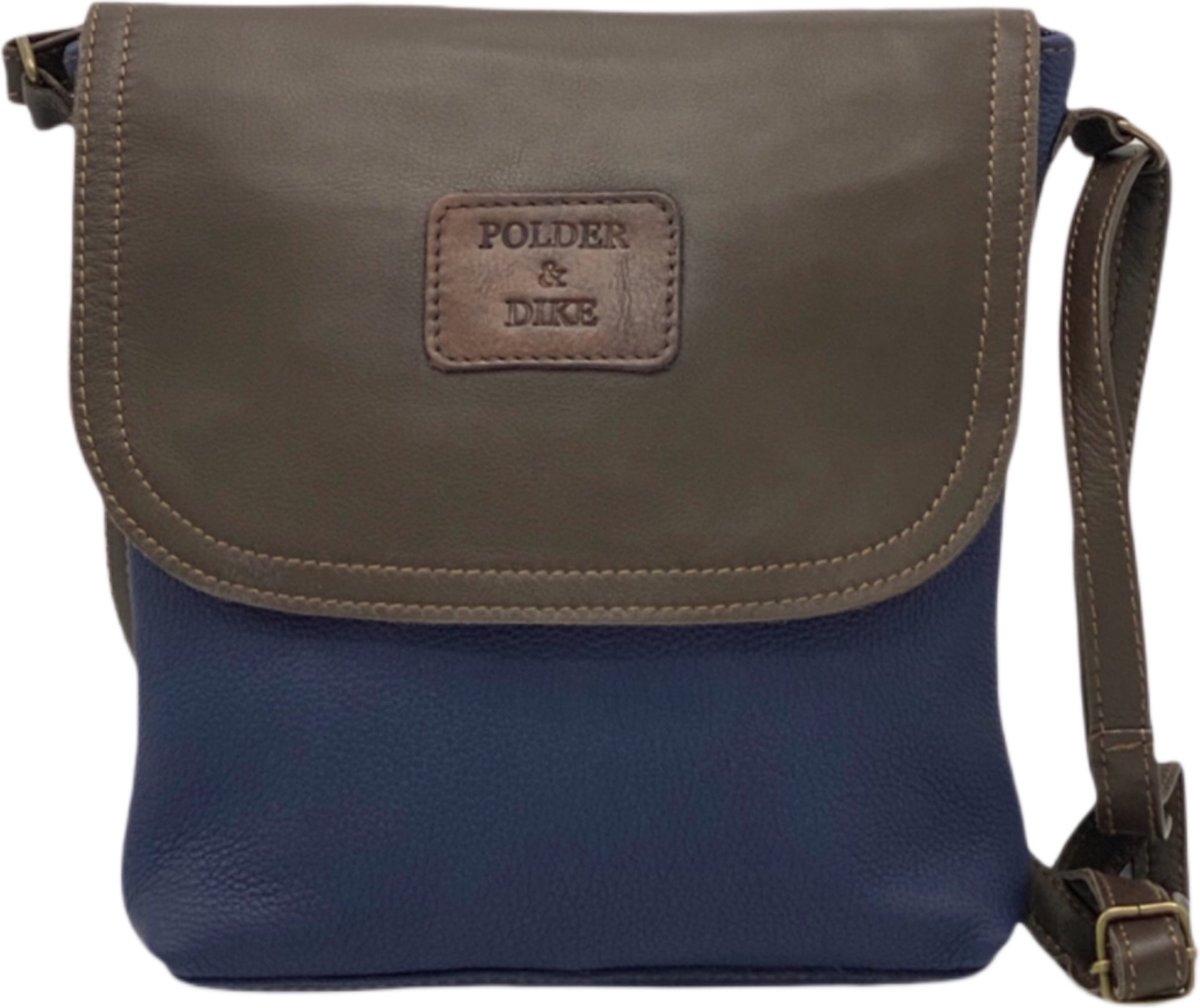 POLDER & DIKE - schoudertas / crossbody - Florence - blauw - Jeans blue / Chocolate - echt leer