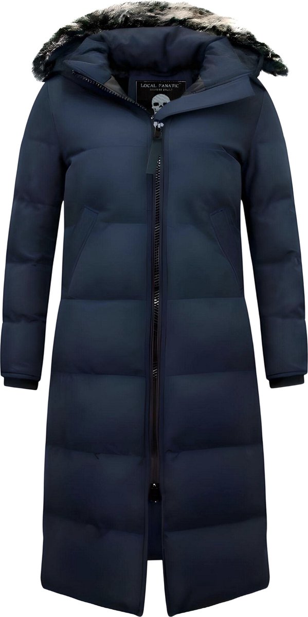 Winterjas Dames - Extra Lang - met Nep Bontkraag - Blauw