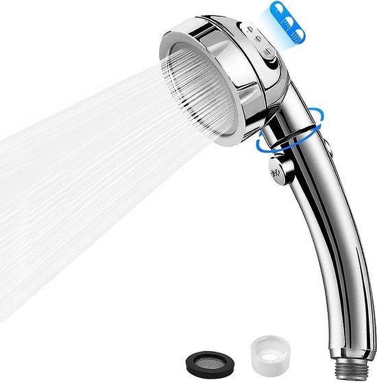 douchekop, drukverhoging, 3 straalsoorten, universeel, met stopknop