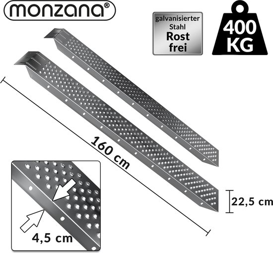 Set van 2 roestvrije stalen oprijplaten, 160cm lang, 22,5cm breed, 4,5cm hoog, met antislip perforatie.