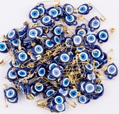 Nevfactory Evil Eye Plastic Safety Pins (100 Pieces), Blue Turkish Eye Lucky Charms, Metal Needle - Boze Oog Kralen & Bedels - Nazar Boncugu - Versatile & Stylish Accessory for DIY Crafts, Jewellery Making, and Spiritual Protection