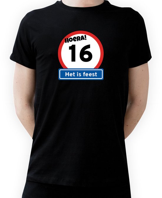 T-shirt Hoera 16 jaar|Fotofabriek T-shirt Hoera het is feest|Zwart T-shirt maat L| T-shirt verjaardag (L)(Unisex)