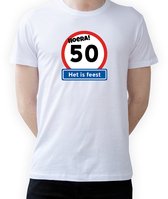 T-shirt Hoera 50 jaar|Fotofabriek T-shirt Hoera het is feest|Wit T-shirt maat XL| T-shirt verjaardag (XL) Sarah/Abraham(Unisex)