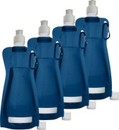 Waterfles/drinkfles/sportbidon opvouwbaar - 10x - blauw - kunststof - 420 ml - schroefdop - karabijnhaak