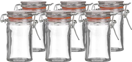 Six pots en verre avec joint en caoutchouc orange et fermeture à levier argentée, 70ml.