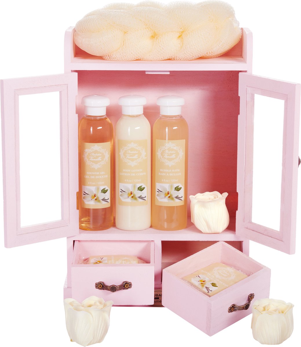 Goedkoopste BRUBAKER Cosmetics - 10-delige Bad- en Verzorgingsset - Vanille - in een Vintage Houten Kastje Wit