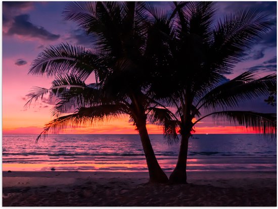 Poster Glanzend – Twee Palmbomen op het Strand langs de Zee bij Zonsondergang - 40x30 cm Foto op Posterpapier met Glanzende Afwerking